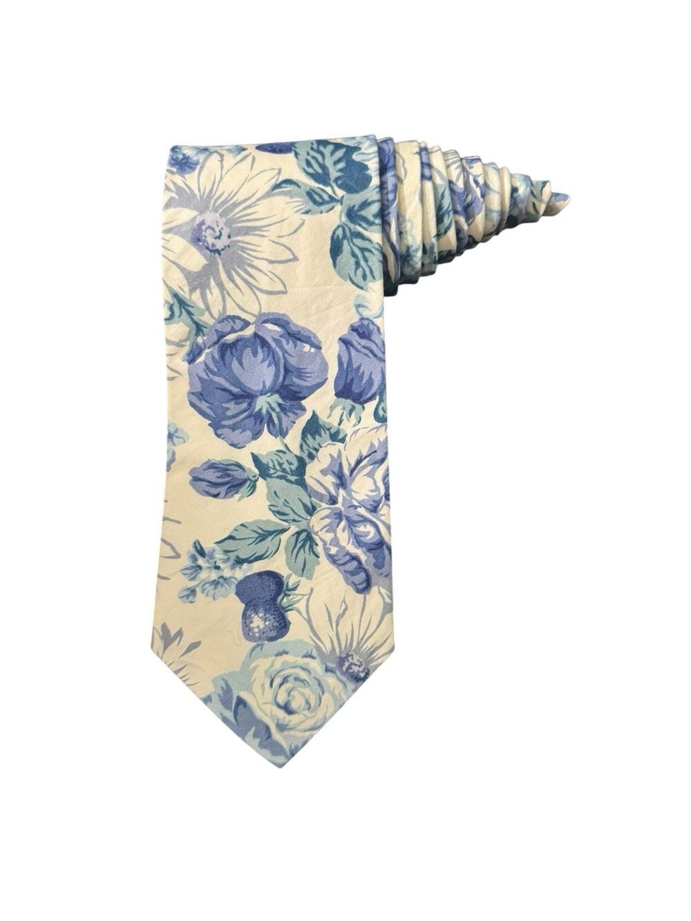 Rooster 100% Cotton Floral Flowers Blue White Necktie